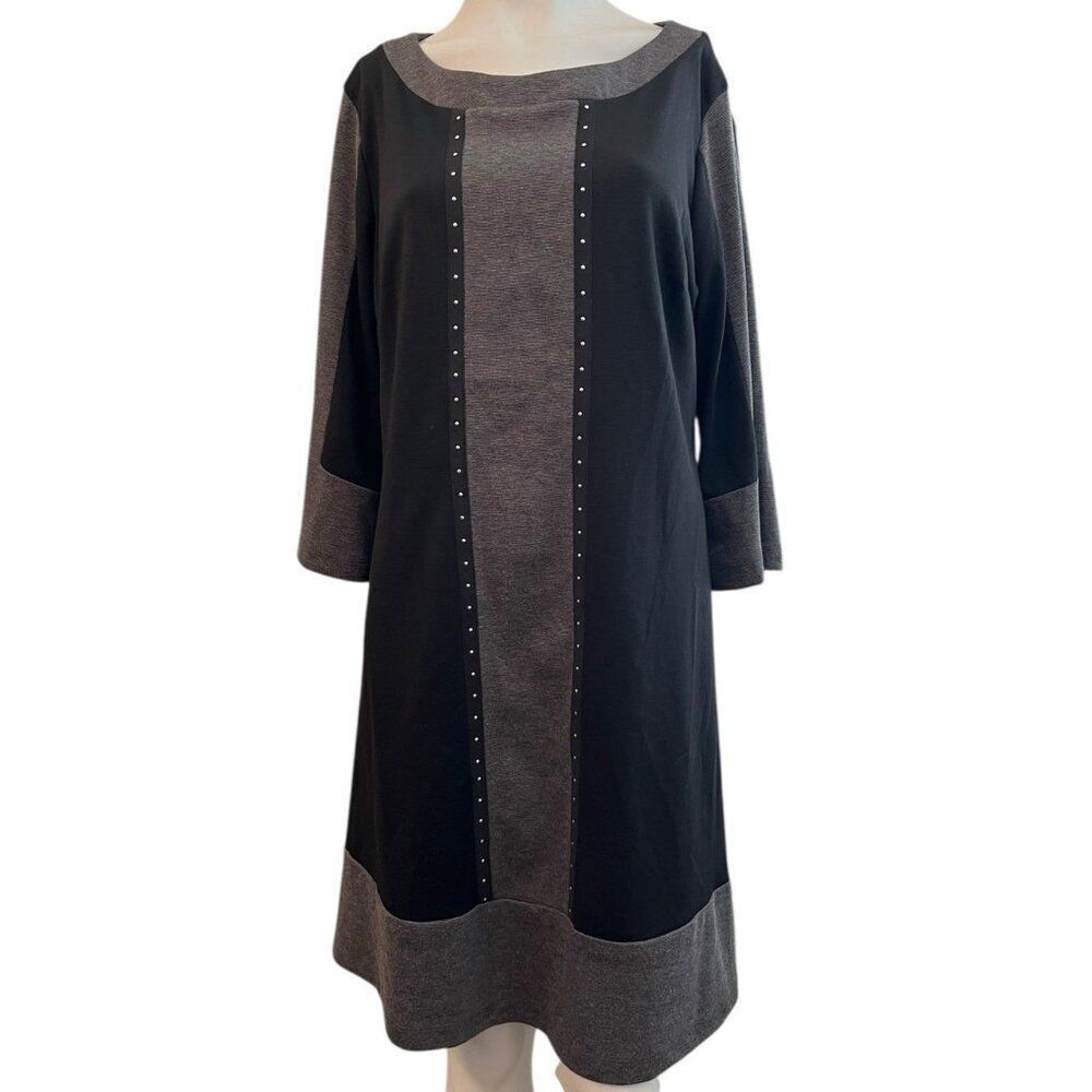 Signature By Robbie Bee Size 14 Gray Black Shift Dress Stretchy Knit Silver Stud